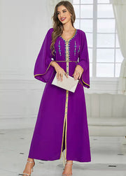 Boutique Purple V Neck Patchwork Zircon Tie Waist Button Maxi Dresses Fall