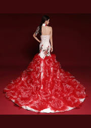 Boutique Red Embroidered Ruffled Tulle Bustier Dresses Sleeveless