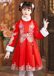 Boutique Red Fur Collar Embroidered Girls Shawl And Dress Two Piece Set Winter