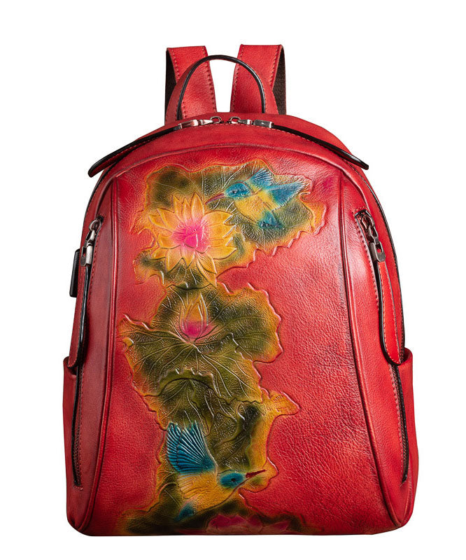 Boutique Red Lotus Paitings Calf Leather Backpack Bag