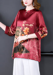 Boutique Red O-Neck Print draping Silk women's Blouse Tops Bracelet Sleeve