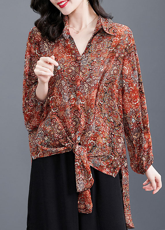 Boutique Red Peter Pan Collar Asymmetrical Design Print Chiffon Long Shirt Long Sleeve