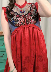 Boutique Red Ruffled Patchwork Embroideried Jacquard Dresses Sleeveless