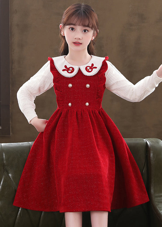 Boutique Red Ruffled Patchwork Warm Fleece Baby Girls Dresses Fall