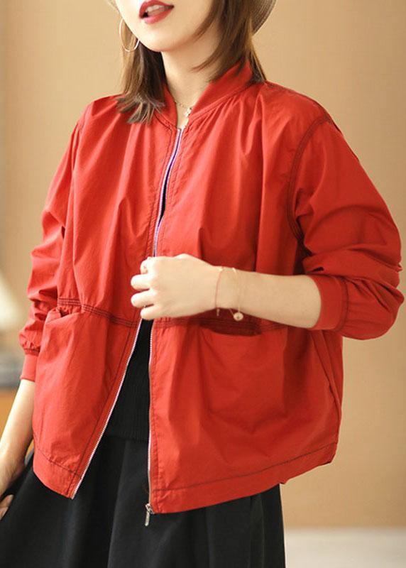 Boutique Red Stand Collar Zippered Pockets Fall Jacket Long Sleeve - bagstylebliss