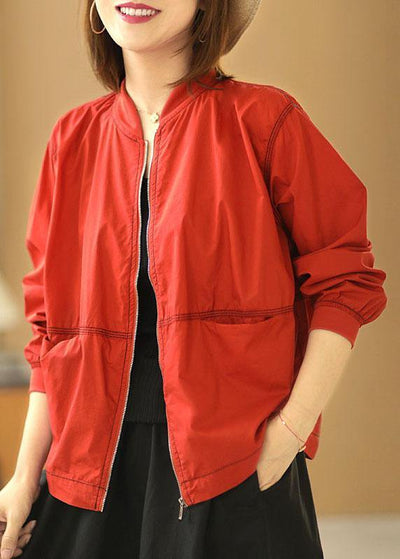 Boutique Red Stand Collar Zippered Pockets Fall Jacket Long Sleeve - bagstylebliss