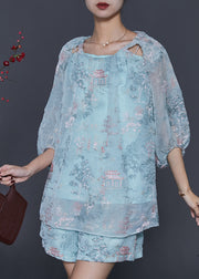 Boutique Sky Blue Embroidered Silk Two Pieces Set Summer