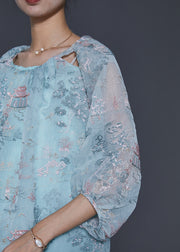 Boutique Sky Blue Embroidered Silk Two Pieces Set Summer