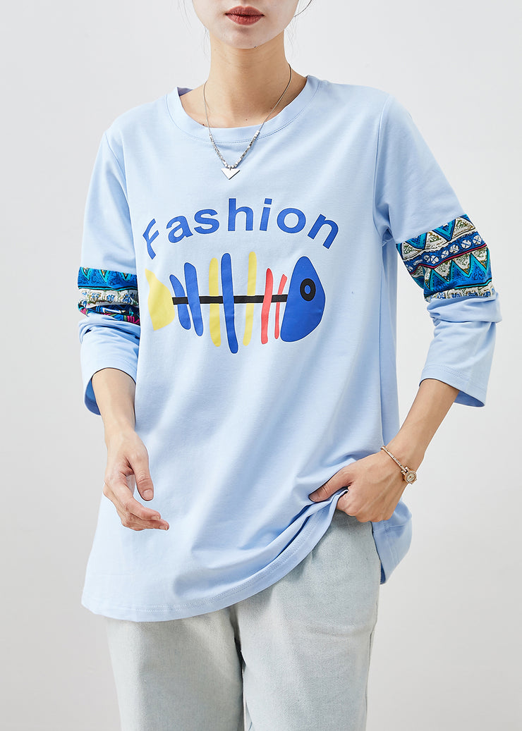 Boutique Sky Blue Fishbone Print Cotton Loose Sweatshirt Fall