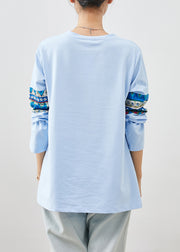 Boutique Sky Blue Fishbone Print Cotton Loose Sweatshirt Fall