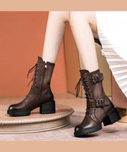 Boutique Splicing Chunky Boots Coffee Hollow Out Cowhide Leather