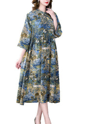 Boutique Stand Collar Wrinkled Print Chiffon Party Dress Summer