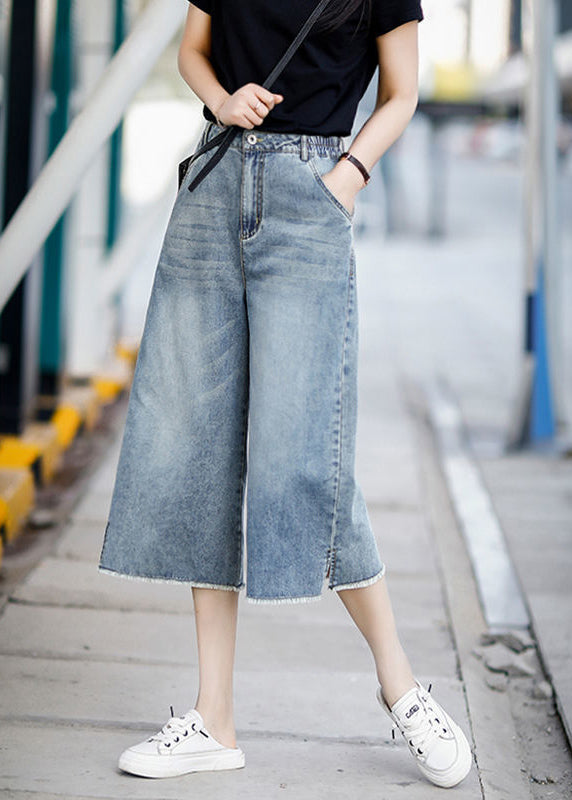 Boutique Streetwear Blue High Waist Pockets Cotton Denim Wide Leg Pants Summer