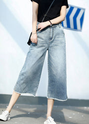 Boutique Streetwear Blue High Waist Pockets Cotton Denim Wide Leg Pants Summer