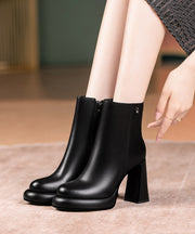 Boutique Stylish Chunky Heel Boots Black Cowhide Leather