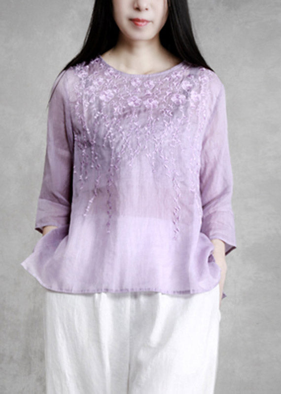 Boutique Violet O-Neck Embroideried Floral Linen Shirts Long Sleeve