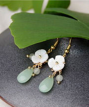 Boutique White Flower Jade 14K Gold Drop Earrings