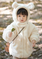 Boutique White Hooded Pockets Fluffy Girls Coat Long Sleeve