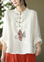 Boutique White O-Neck Embroidered Floral Button Linen Shirt Long Sleeve