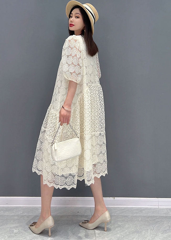 Boutique White O-Neck Patchwork Lace Long Dress Half Sleeve