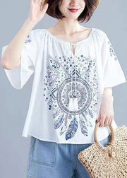 Boutique White O-Neck tie waist Print Tops Short Sleeve