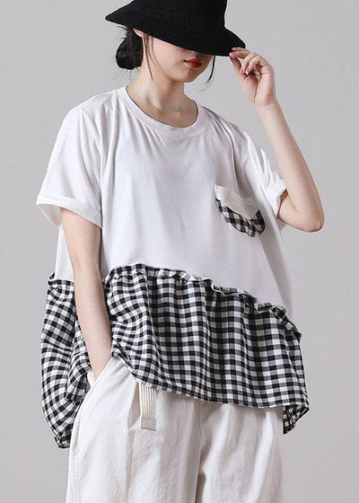 Boutique White Patchwork Plaid Pockets Cotton Shirt Tops Short Sleeve Summer - bagstylebliss