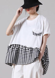 Boutique White Patchwork Plaid Pockets Cotton Shirt Tops Short Sleeve Summer - bagstylebliss