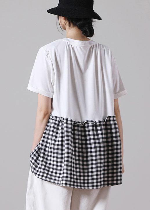 Boutique White Patchwork Plaid Pockets Cotton Shirt Tops Short Sleeve Summer - bagstylebliss