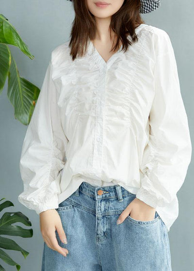 Boutique White V Neck Button Casual Fall Long sleeve Blouse Top - bagstylebliss