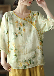 Boutique Yellow Button Print Linen Blouses Long Sleeve