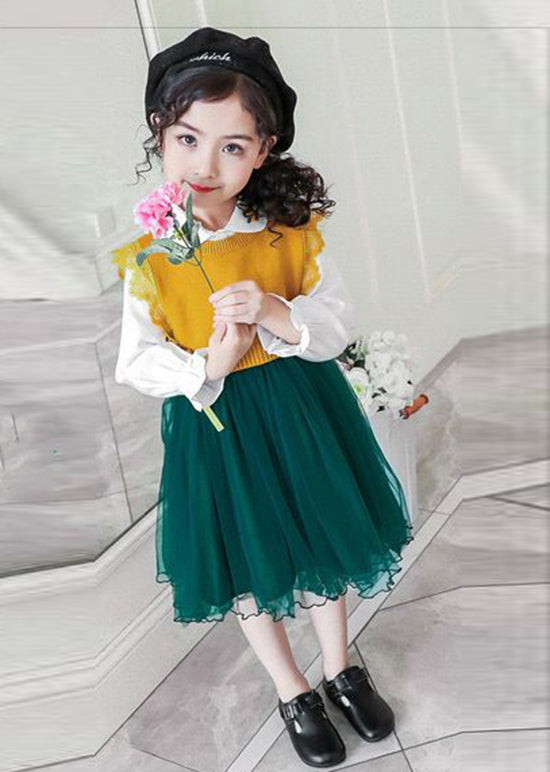 Boutique Yellow Tulle Lace Up Patchwork Knit Baby Girls Dress Two Pieces Set Fall