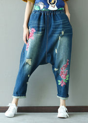 Boutique dark Blue Embroidered Pockets elastic waist ripped Jeans Spring