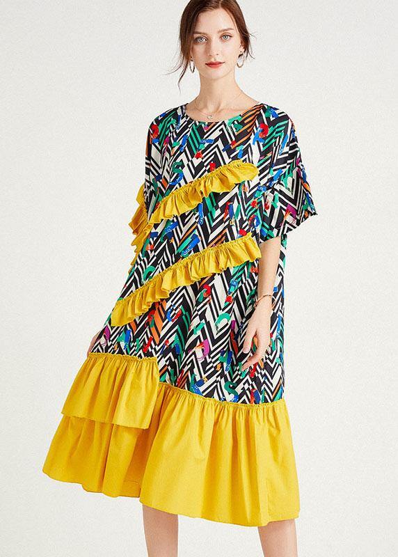 Boutique Yellow Print Fashion Print Summer Sundress Half Sleeve - bagstylebliss