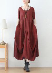 Brick Red Cotton Long Dress O-Neck Asymmetrical Design Short Sleeve