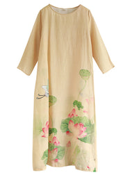 Brief Beige O-Neck Butterfly Floral Print Linen Dresses Long Sleeve