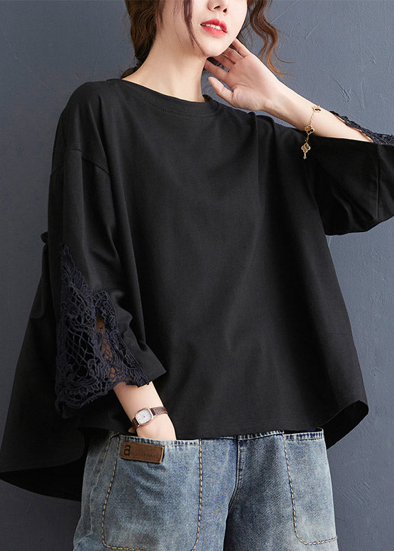 Brief Black O-Neck Lace Patchwork Sweatshirts Top Three Quarter sleeve