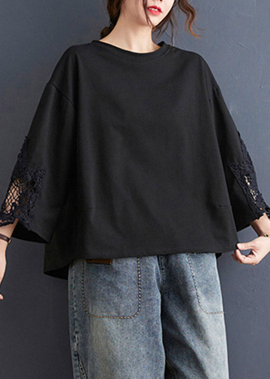 Brief Black O-Neck Lace Patchwork Sweatshirts Top Three Quarter sleeve