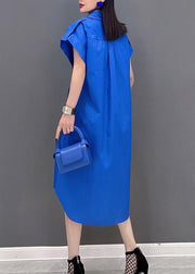 Brief Blue Peter Pan Collar Button Pockets Tie Waist Low High Design Dress Short Sleeve