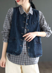 Brief Denin Blue Pockets Patchwork Denim Waistcoat Sleeveless