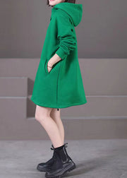 Brief Green Patchwork Button Hooded Mid Dresses Fall