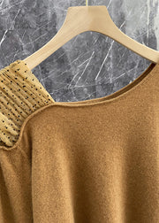 Brief Milk Tea Colour Slash Neck Dot Patchwork Cashmere Sweater Long Sleeve