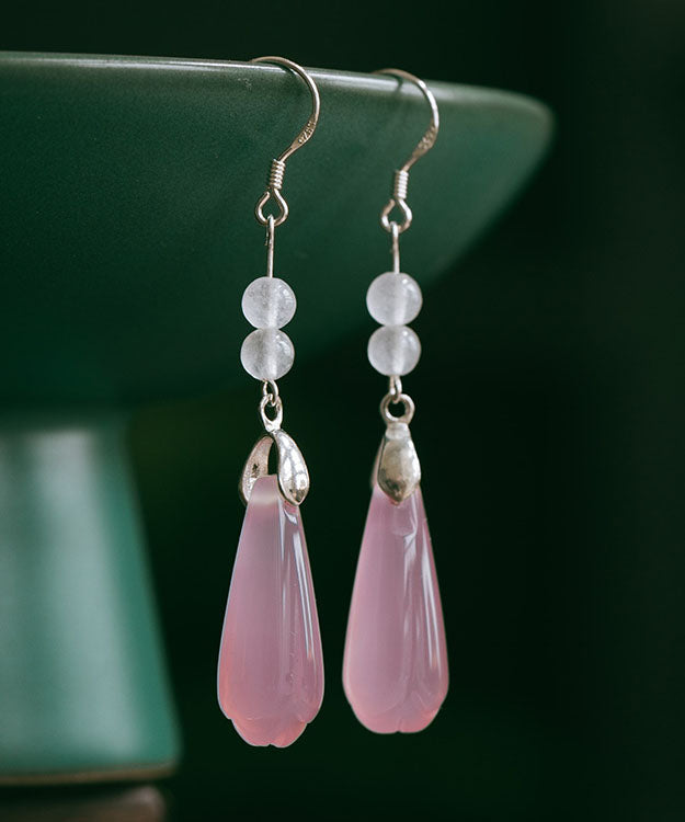 Brief Pink Sterling Silver Chalcedony Magnolia Flower Drop Earrings