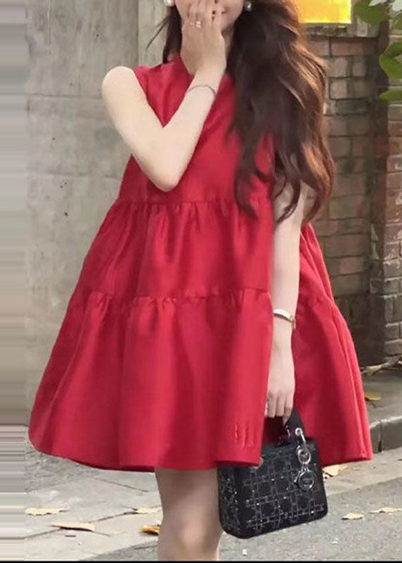 Brief Red Patchwork O-Neck Mid Dresses Summer