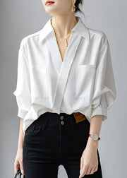 Brief White V Neck Pockets Shirt Lantern Sleeve