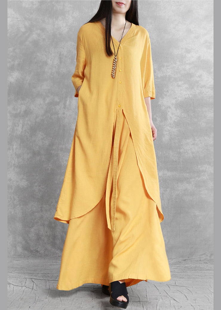 Brief Yellow V Neck Top And Wide Leg Pants Two Pieces Set Summer