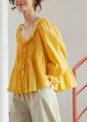 Brief Yellow Wrinkled Ramie Top Long Sleeve