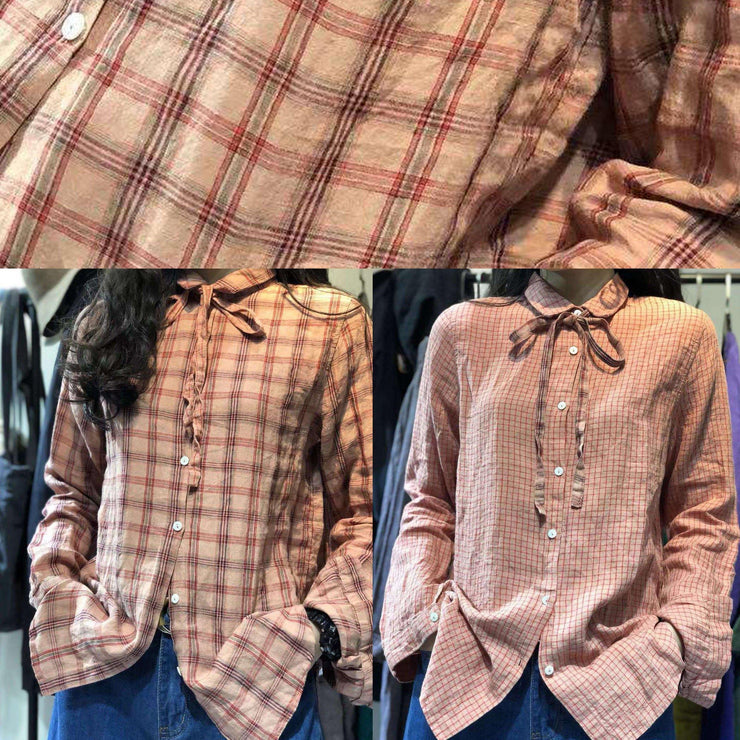 Brief small plaid linen blended long sleeve tops - bagstylebliss