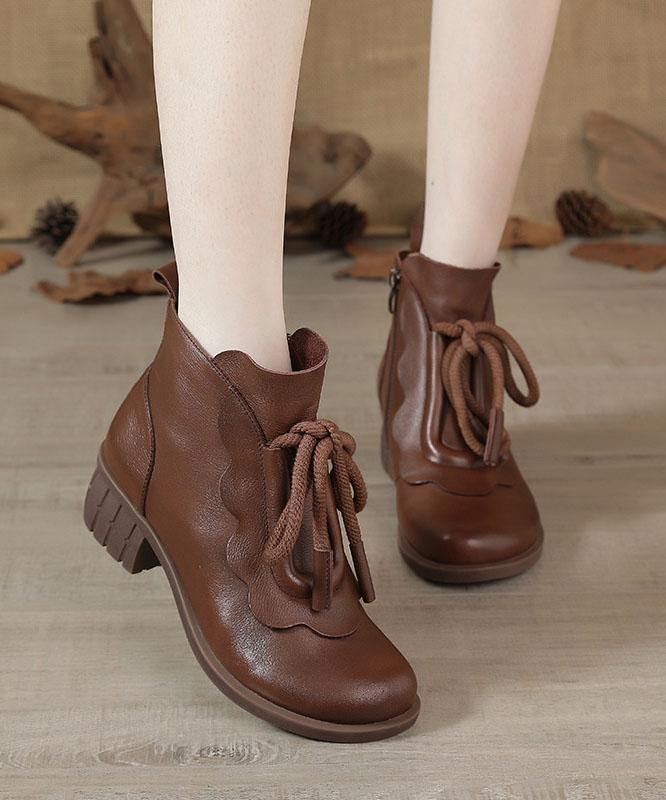 Brown Boots Chunky Cowhide Leather Fashion Lace Up Boots - bagstylebliss
