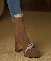 Brown Boots Chunky Suede Classy Splicing Zircon Zippered