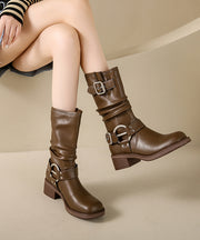 Brown Buckle Strap Design Stylish Splicing Chunky Biker Boots